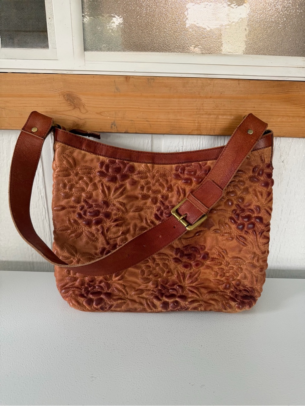 Mo&Co Brown Embossed Leather Floral Shoulder Bag Boho Western Purse